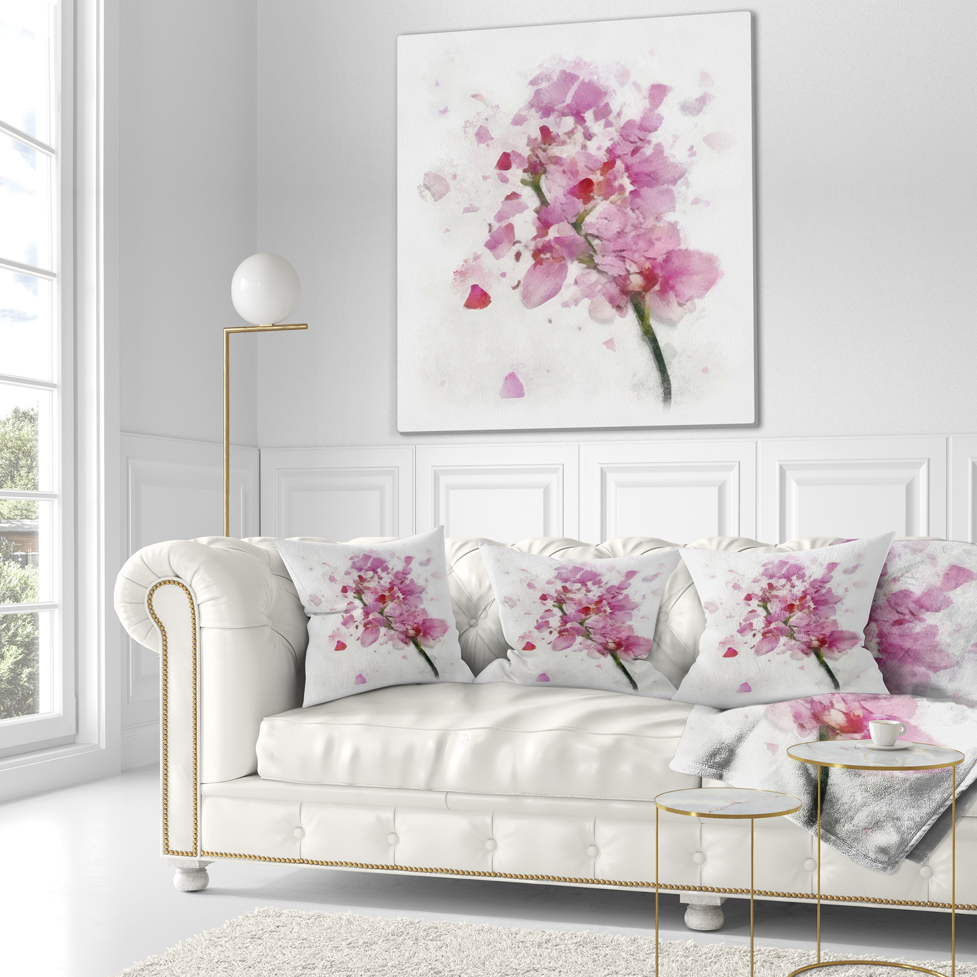 Designart Pink Flower with Falling Petals - Floral Throw Pillow - 18x18