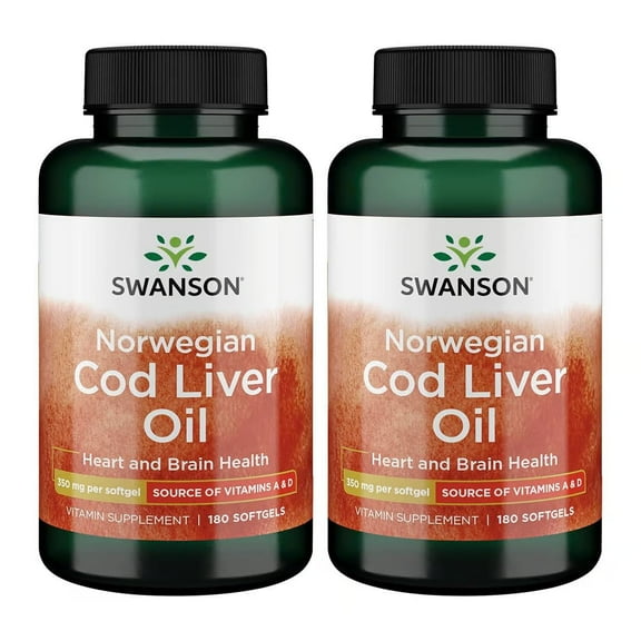 Swanson Cod Liver Oil - Wellness Supplement Promoting Bone, Skin Health, Vision Support & Immune System Function w/ High Absorption Vitamin A - (180 Softgels, 350mg Each) 2 Pack