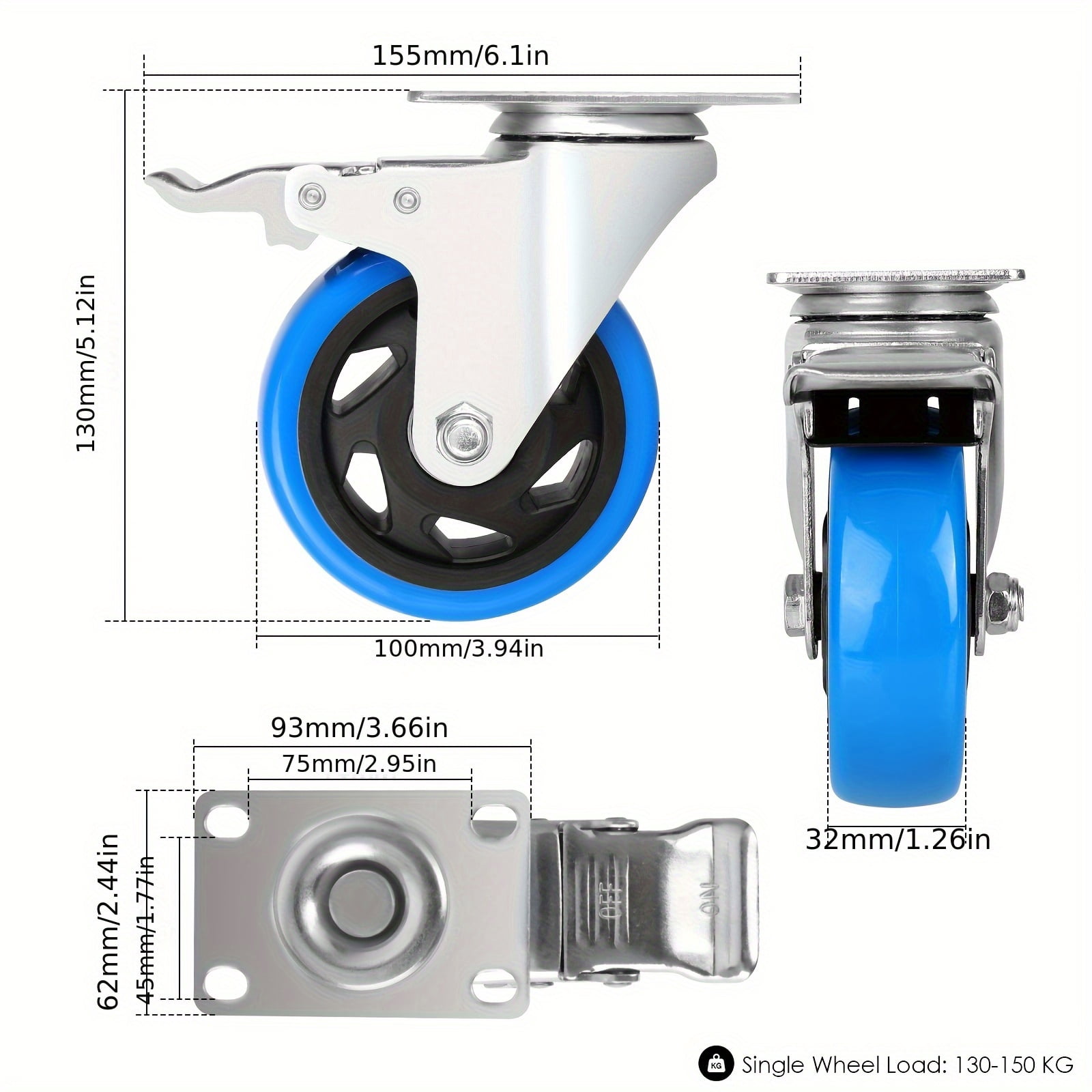 4pcs/8pcs/16pcs Heavy-Duty 4-Inch Office Chair Caster Wheels With 360° Swivel & Brakes - Polyurethane Casters, 1322lbs Capacity, For Office Furniture, Desk Chairs, Industrial Equipment