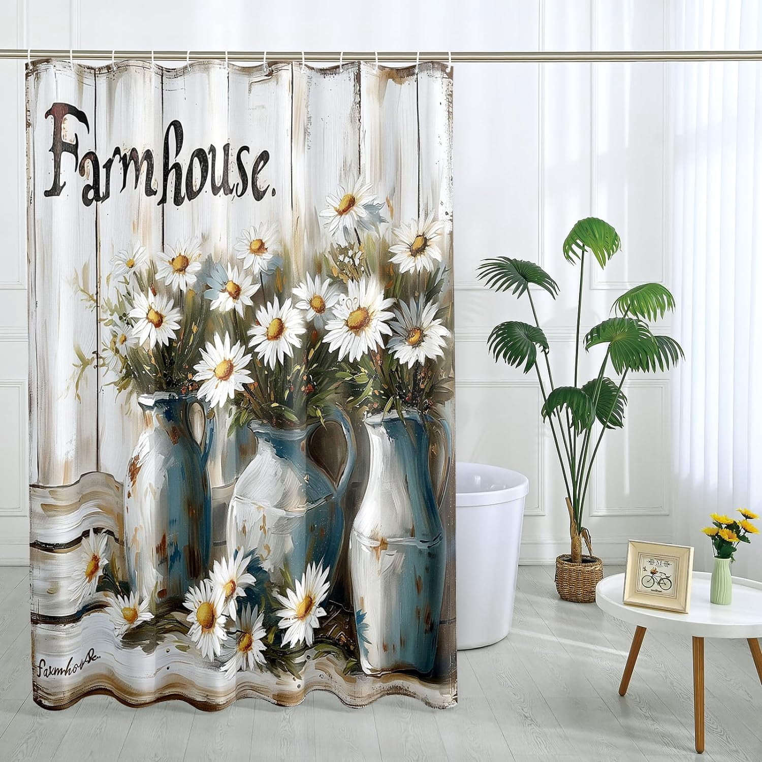 Farmhouse Daisy Shower Curtain Rustic Country Floral Vase Shower Curtain Bathroom Decor Polyester Fabric-72" x 72"