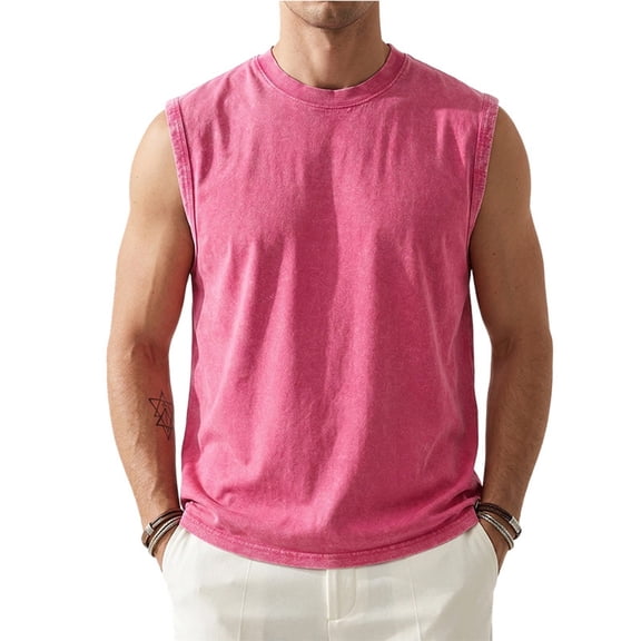 Dolkfu Pink Graphic Tees Men Sleeveless Retro Vintage Crew Neck Cotton Tops Pull-on Modern Leisure Solid Fashion Tank Tops Hot Pink,S