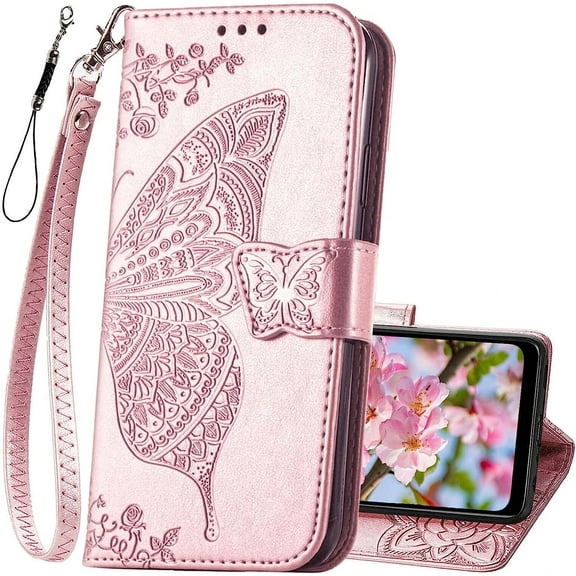 Designed for Moto G Pure Wallet Case,Women Butterfly Embossed PU Leather Protective Phone Case with Kickstand Card Holder Slots Wrist Strap Flip Cover for Motorola Moto G Pure(Rose Gold)