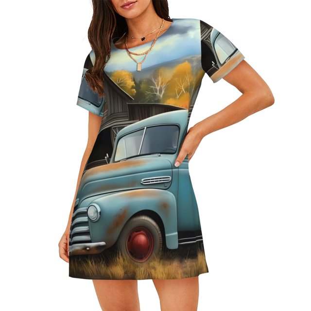 Vsdgher Vintage Camion Ferme Motif Scène Chemise de Nuit à Manches Courtes Col Rond Mignonne Robe de Nuit Confortable