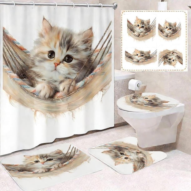Accesorios de baño, superventas, serie Puss, cortina de ducha de poliéster impermeable y juego de 4 cortinas de ducha, divisor de cortina de baño, juego de baño de poliéster