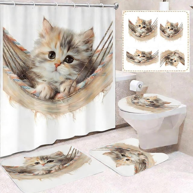 Accesorios de baño, superventas, serie Puss, cortina de ducha de poliéster impermeable y juego de 4 cortinas de ducha, divisor de cortina de baño, juego de baño de poliéster