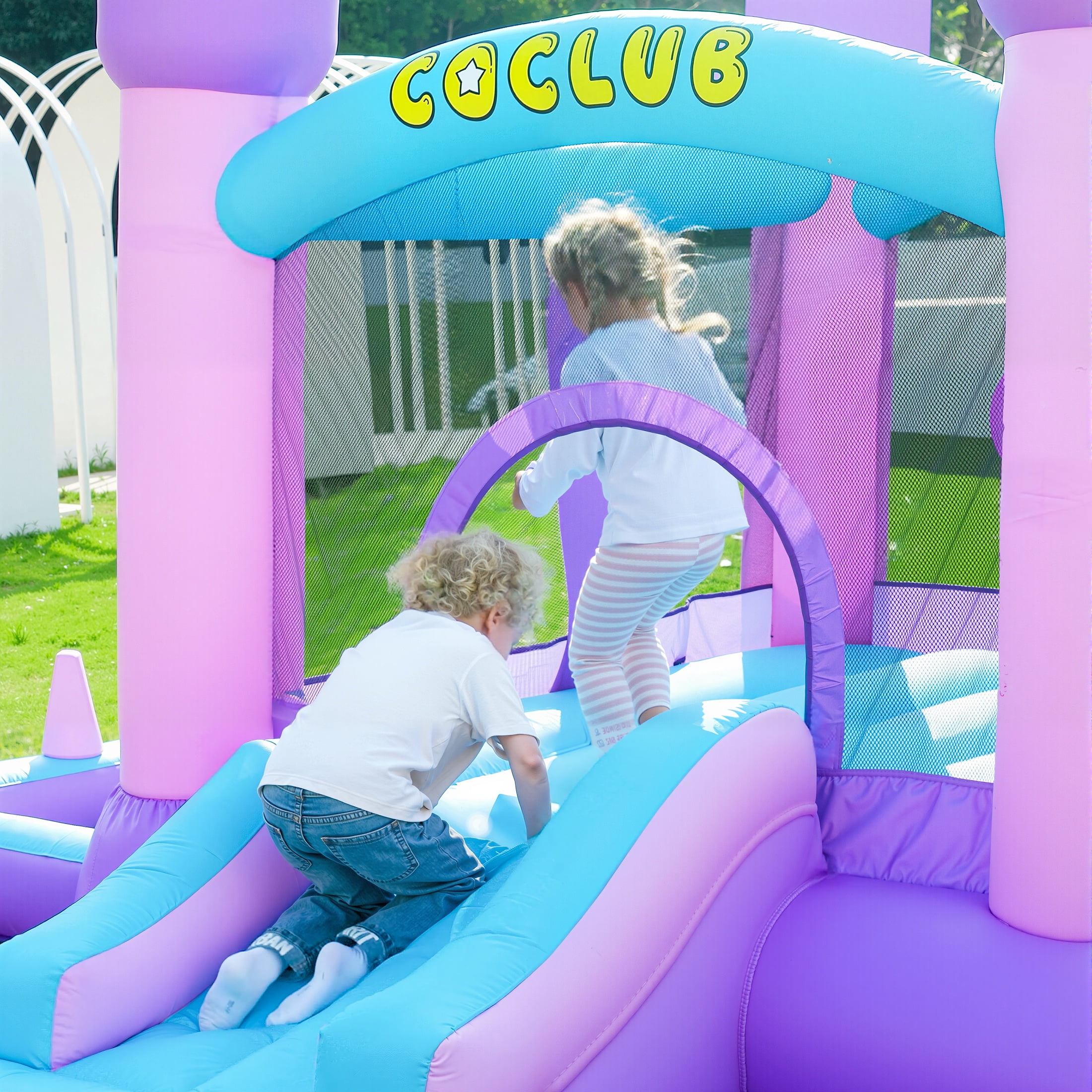 Bounce House with Blower, 6 in 1 Outdoor Inflatable Bounce Castle with Slide/Basketball Hoop/Ball Pit/Ring-toss Game/Pitching Game, Jump House for Kids Toddlers Ages 3-12