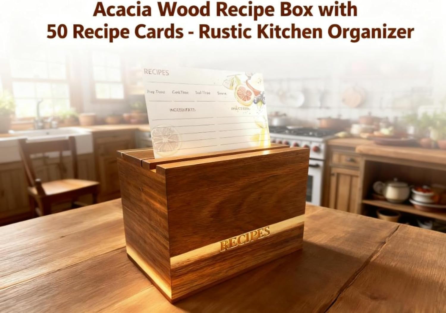Acacia Wood Recipe Box Set - 50 4x6 Recipe Cards, 6 Dividers | Rustic Kitchen Organizer with Lid for Cooking Lovers, Perfect Housewarming/Wedding Gift