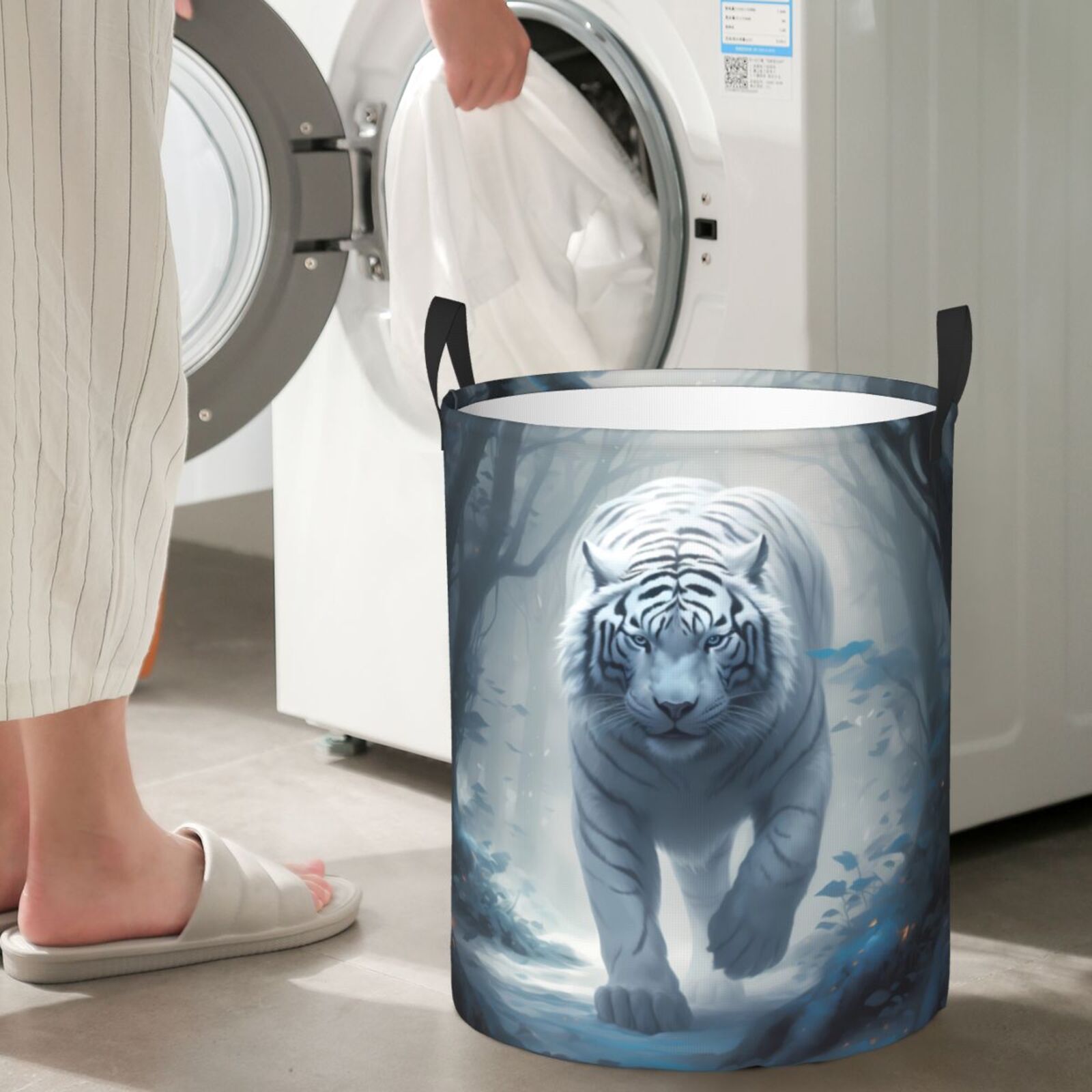 Large Laundry Basket with Handles - White Tiger in Snowy Forest Kids Baby Dirty Clothes Laundry Hamper for Bedroom Aesthetic