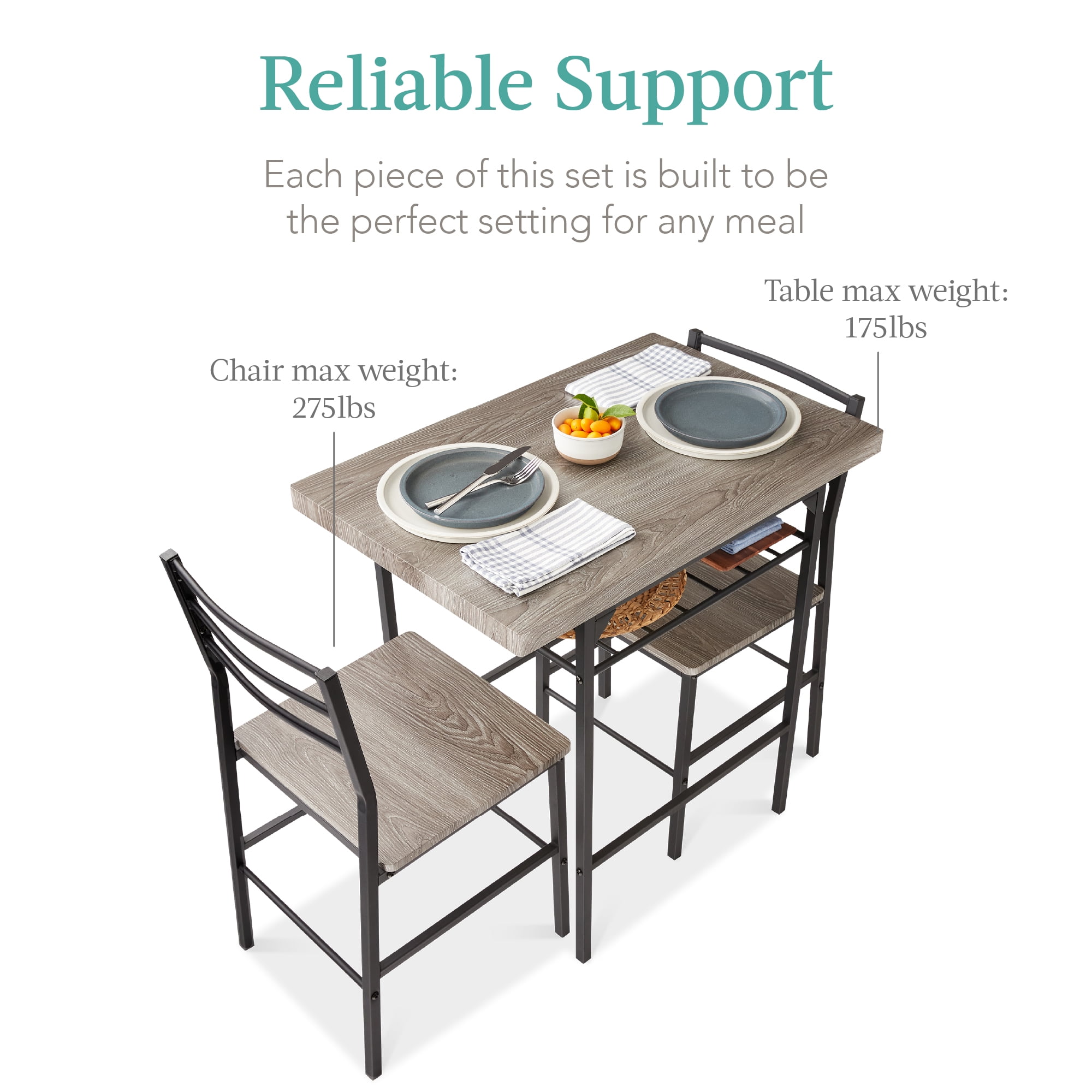 Best Choice Products 3-Piece Modern Dining Set, Square Table & Chairs Set w/ Steel Frame, Storage Rack - Gray/Black