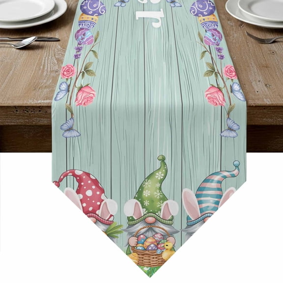 Easter Bunny Gnomes Table Runner Linen Burlap Table Runner 108 Inches Long Spring Easter Eggs Floral Teal Wood Dresser Scarves for Kitchen Island Coffee Dining Party Wedding Holiday Decor 13"x108"