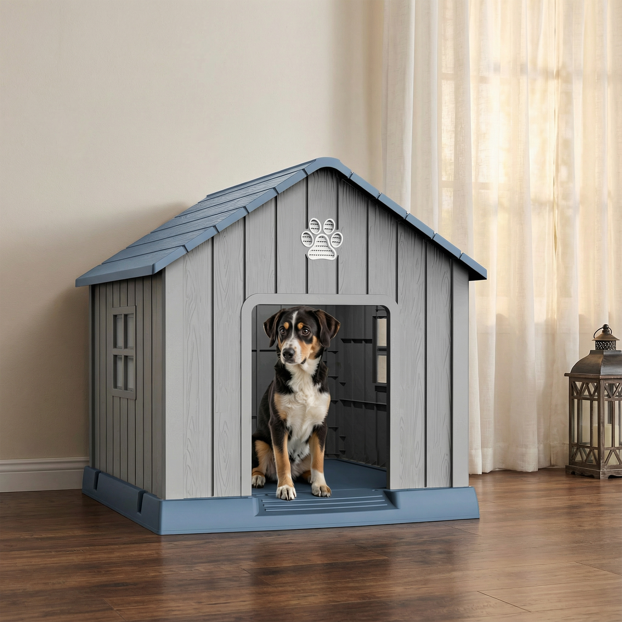 MAYEERTY Outdoor Weatherproof Dog House, Multi-Pet Shelter with Vents for Backyard Patio, Gray & Blue