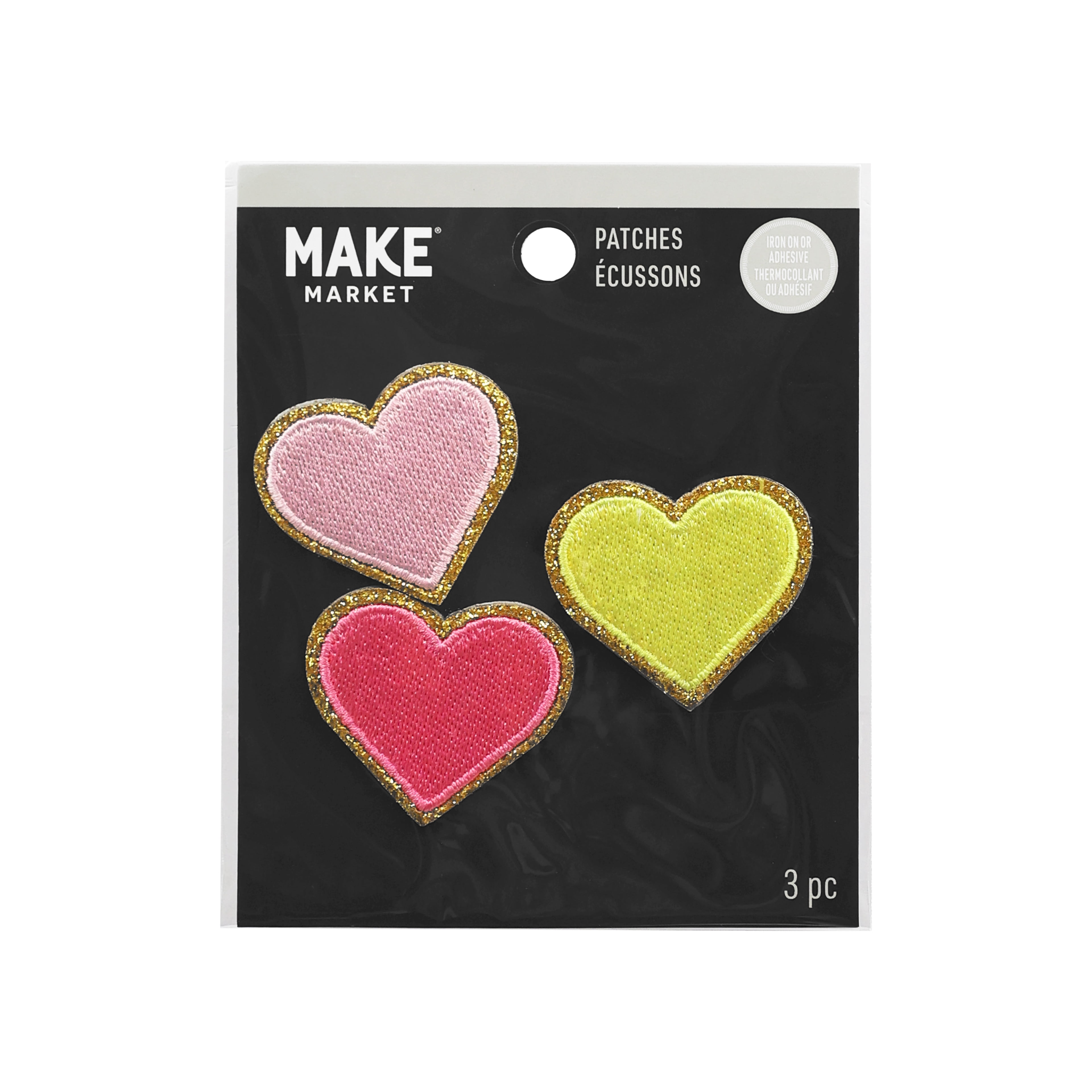 Glitter Heart Iron-On Patches by Make Market – 1.61" x 1.46" Embroidered Polyester Appliques in Assorted Colors - For Permanent or Temporary Use on Apparel & Accessories - 12 Pack