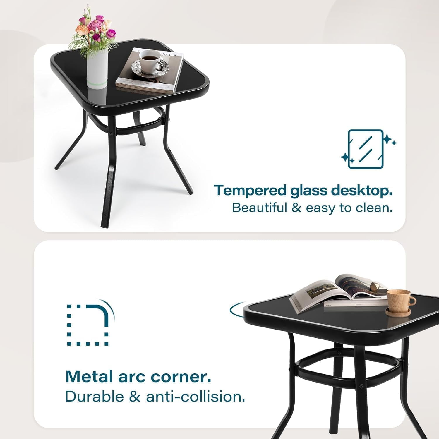 SUNCROWN 3-Piece Outdoor Patio Bistro Set Black Metal Rocking Chairs and Table with Gray Cushions