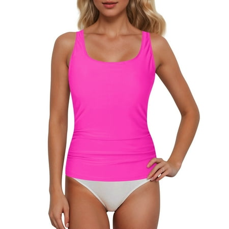 Swim Suits For Women Solid Color Round Neck Spaghetti Strap Sleeveless Full Coverage Slim Bikini Camisole Tops Push Up Swim Crop Top Swimwears Swimwears Pink XL