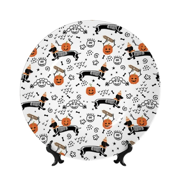 Easygdp Halloween Dachshund Bone China Decorative Plate Ceramic Dinner Plates Art Crafts with Display Stand-6in