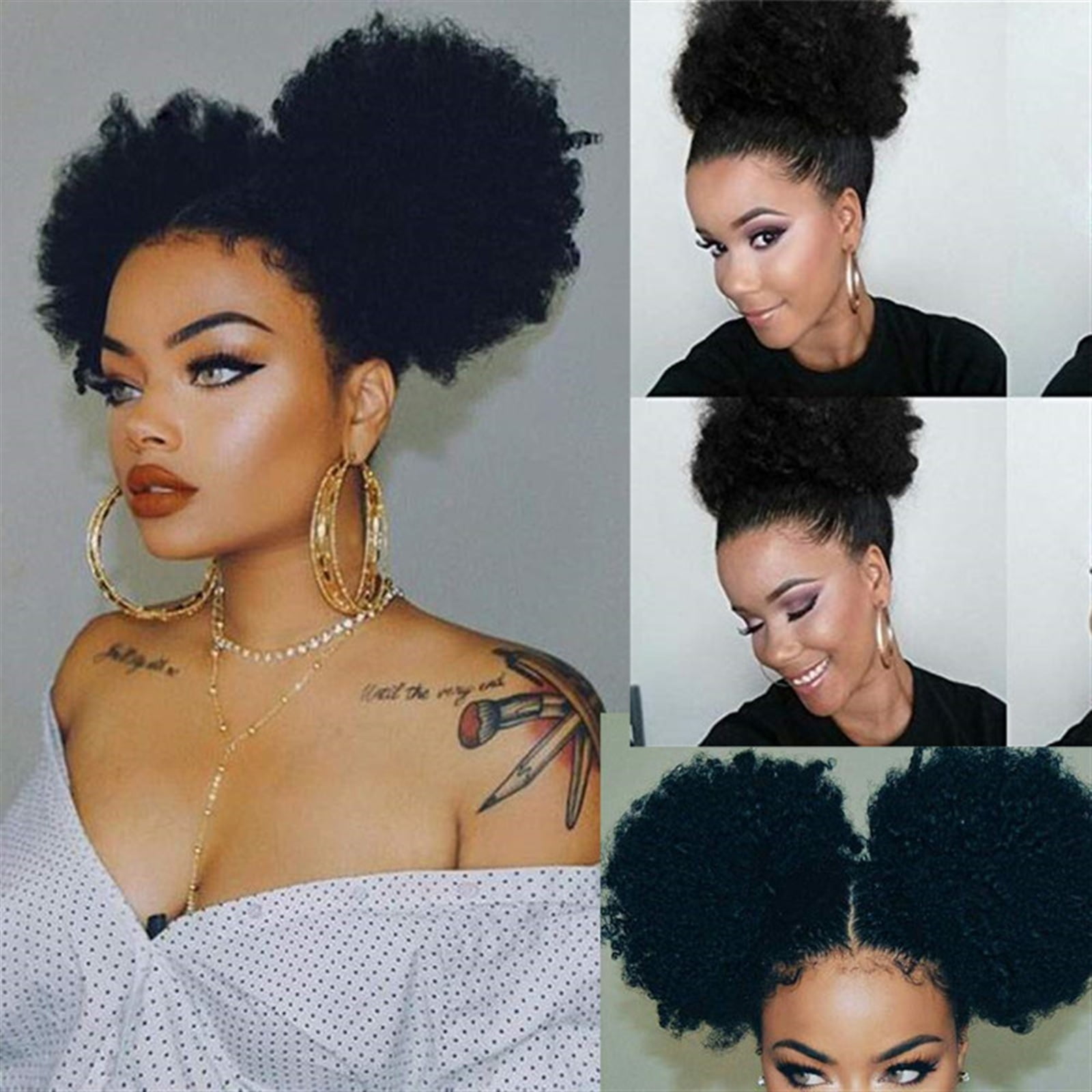 Brazilian Updo Afro Puff Human Hair Bun Chignon Hairpiece Short Drawstring Ponytail Kinky Curly Clip in Non-Remy Hair Ponytail Extensions