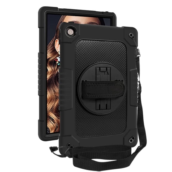FIEWESEY for Lenovo M10 Plus 3rd Gen Tablet Case Built in Rotating Kickstand Shoulder Strap Hand Strap Hybrid Shockproof Armor Kids Friendly Case for Lenovo M10 Plus 10.6 inch 2022 - Black Black