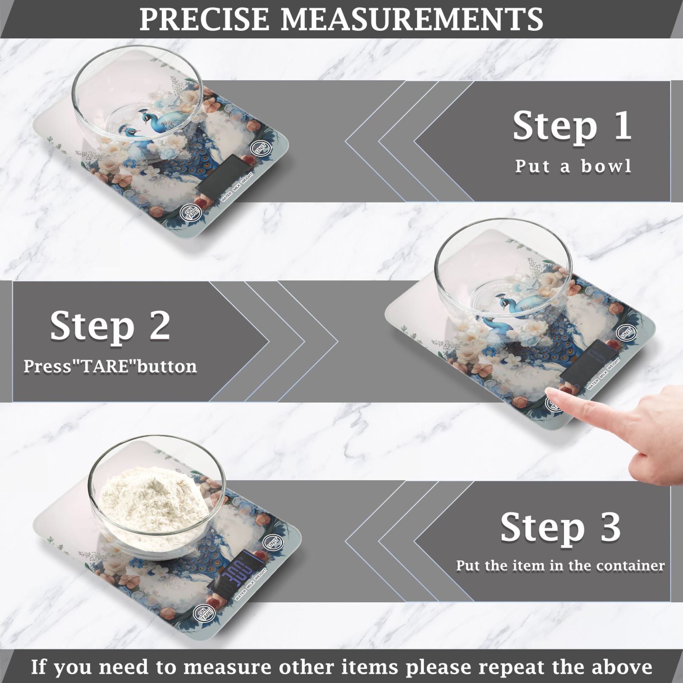 Peacocks Flowers Floral Leaves Green Food Scale Digital Kitchen Scale Waterproof Tempered Glass Tare Function 11 lb for Baking Cooking Meal Prep