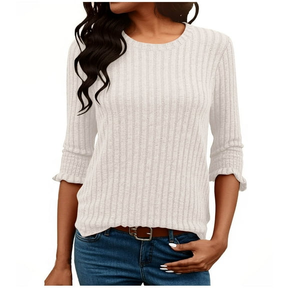 zbxnLI Women's 3/4 Sleeve Sweaters Crew Neck Knit Tunic Tops Fall Cute Dressy Blouses Womens Clothes