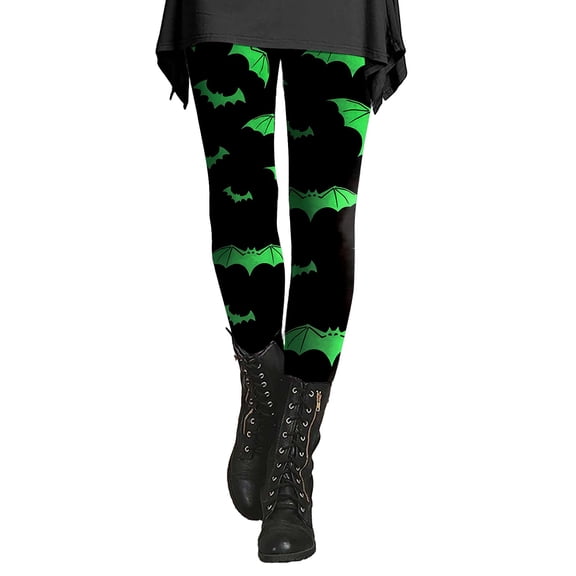 LSQii Leggings Spooky Bat Graphic High Waisted Halloween Leggings for Women Soft Stretchy Fall Pants Holiday Party Outfit Multiple Color Options 2026 Trendy | L Size