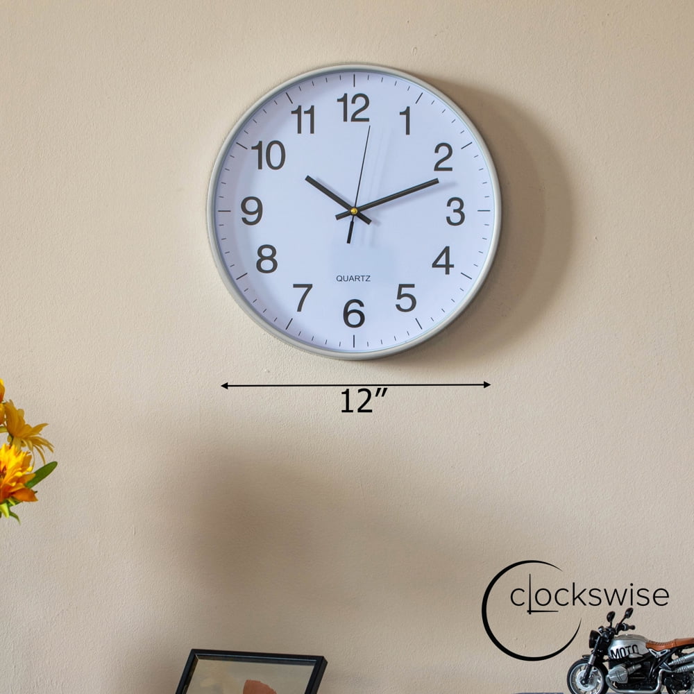 Clockswise Silver 12-In Analog Clock – Silent, Non-Ticking for Wall Battery-Operated Perfect for Home Office, Farmhouse Kitchen, Entryways, Dining Rooms and Bedroom Decor, School and Bathroom Clock