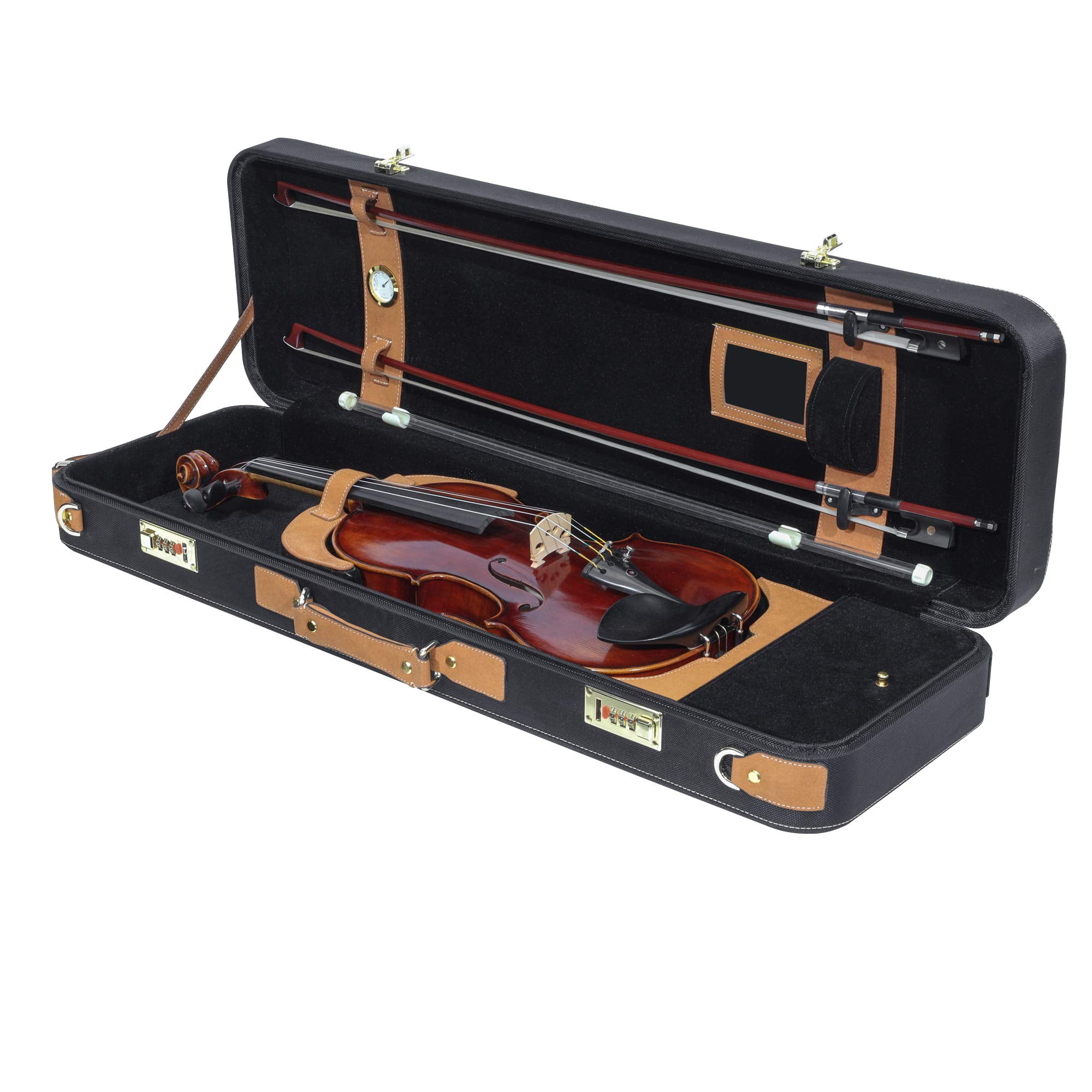 MI&VI Deluxe Hardwood Violin Travel Case 4/4 (Full Size) With Leather Handles | Adjustable Shoulder Straps | Thermal Insulation | Oblong Shape | Photo Pocket | Hygrometer- By MIVI Music (Brown/Black)