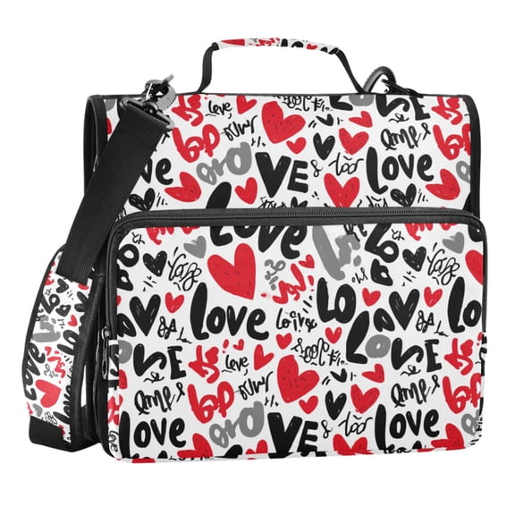 Zipper Binder Red and Black Love 1.5 Inch Binder Folder Bag with Shoulder Strap and Handle