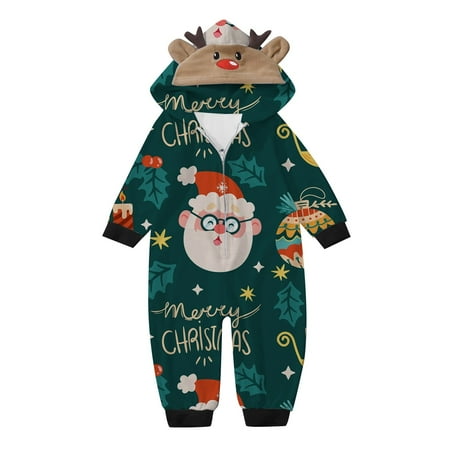 

Matching Family Outfits Leisure Christmas Four Piece Cartoon Printed Hooded Jumpsuit Parent Child Family Gathering Casual Pajamas Set Green 18M