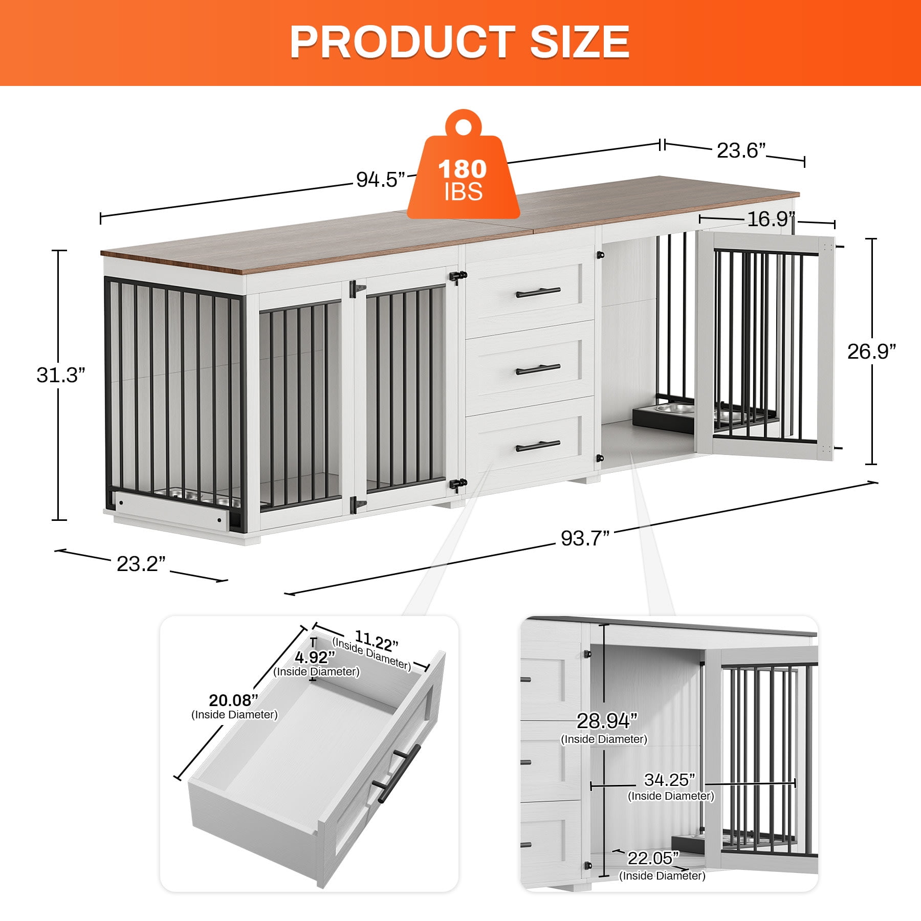 Wiilayok 94.5" Dog Crate Furniture for 2 Large Medium Dogs, Wooden Dog Kennel TV Stand with 3 Storage Drawers, 4 Bowls & Locks, White Indoor Dog House