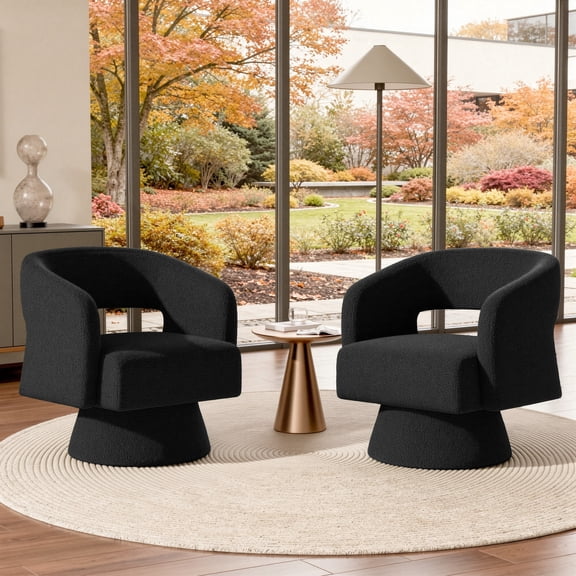 Daluvenix 360° Swivel Accent Chair Modern Luxury Barrel Chairs Oversized Upholstered Round Arm Chair for Living Room Teddy Fabric Black 2PC