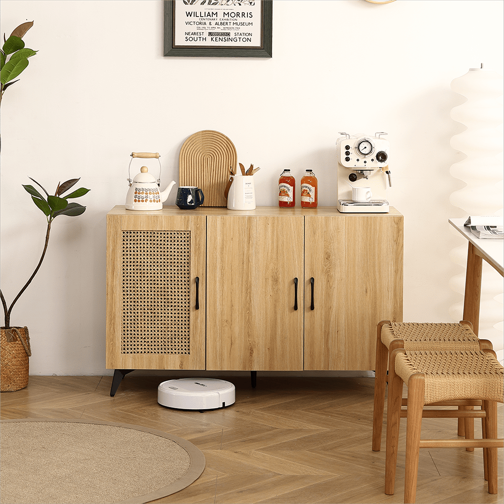 JOLLY JAUNTS Side Cabinet, Three Door Rattan Net Storage Cabinet, Natural Accent Cabinet for Bar, Dining Room, Hallway, Cupboard Console Table