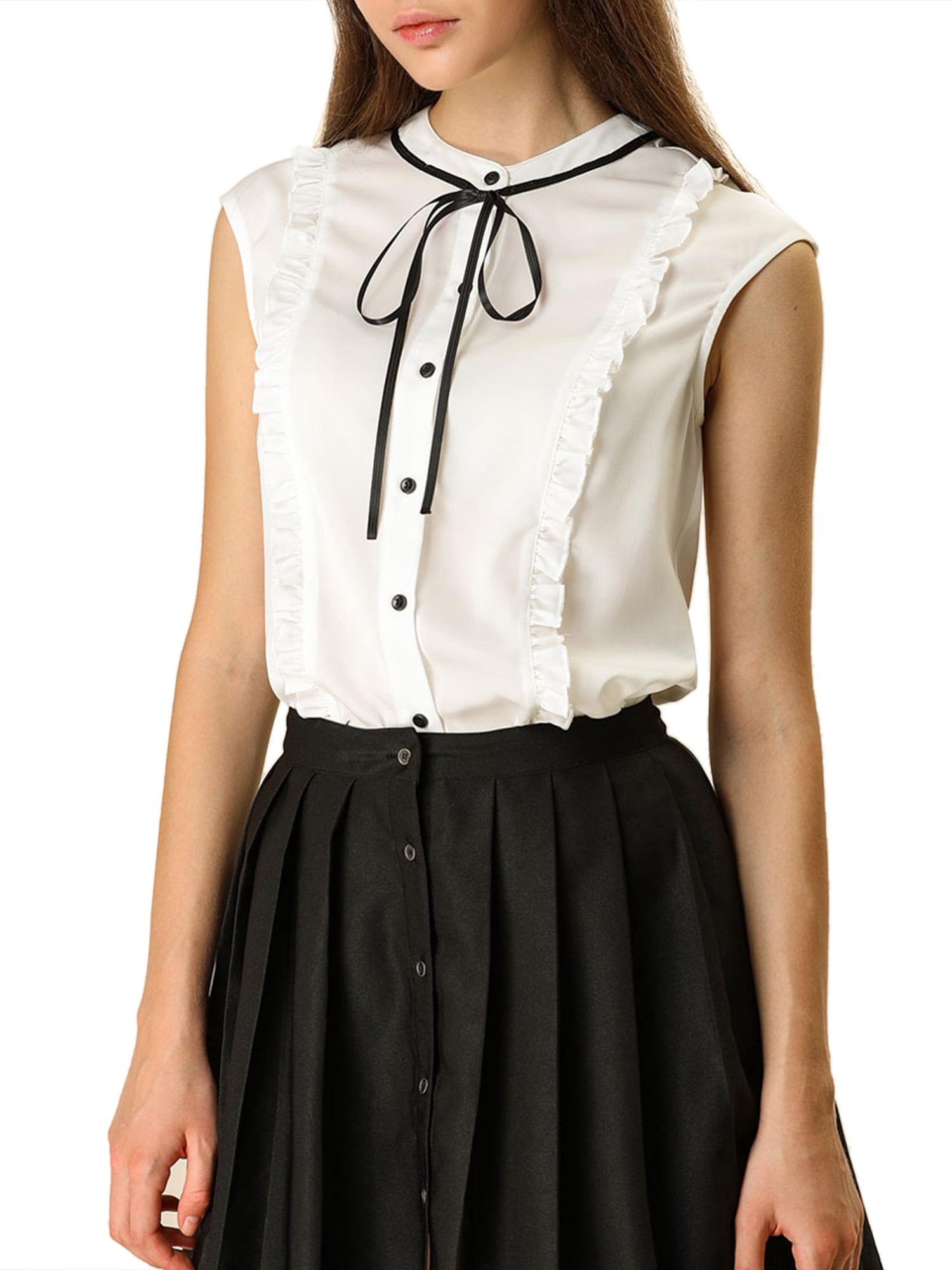 Unique Bargains Women's Summer Tie Neck Sleeveless Ruffle Chiffon Shirt M White