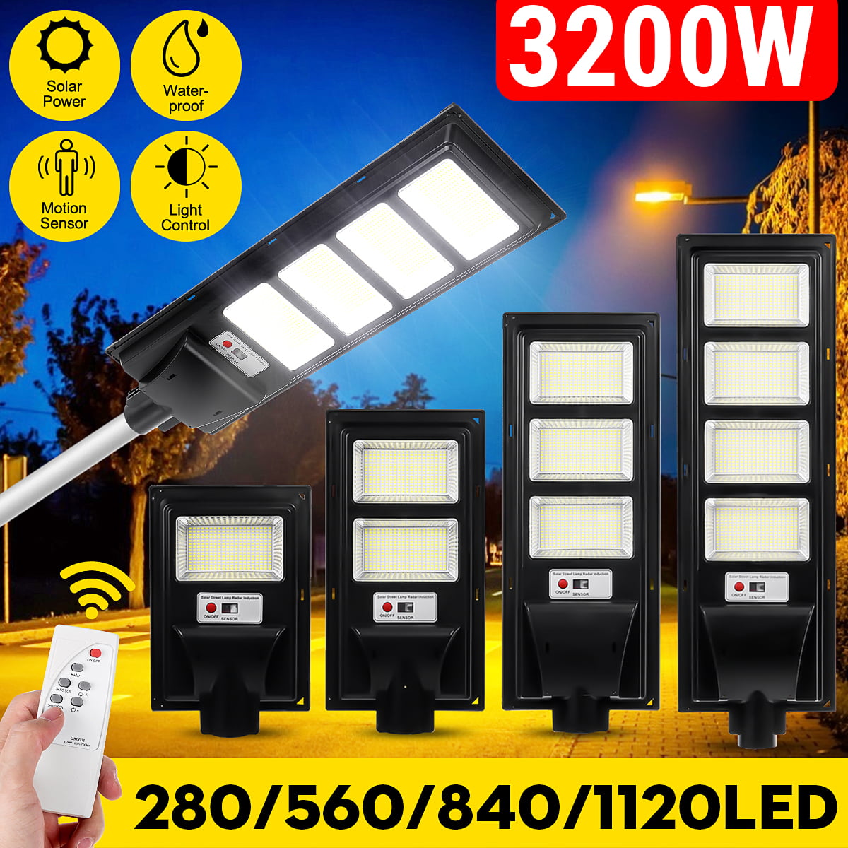 280/560/840/1120LED Solar Street Light Road PIR Motion Sensor Wall Lamp Garden 
