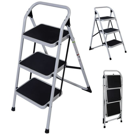 UBesGoo Portable 3 Step Ladder Humanity Slippery-Resistant Safety Short Stairs w/330lbs Capacity Platform Lightweight Short Handrail Iron Folding Stool for Home Use, Library Use Multi-Function