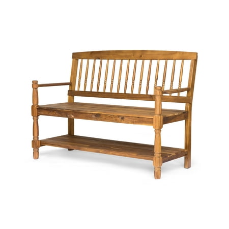 Eddie Indoor Farmhouse Acacia Wood Bench with Shelf, Teak