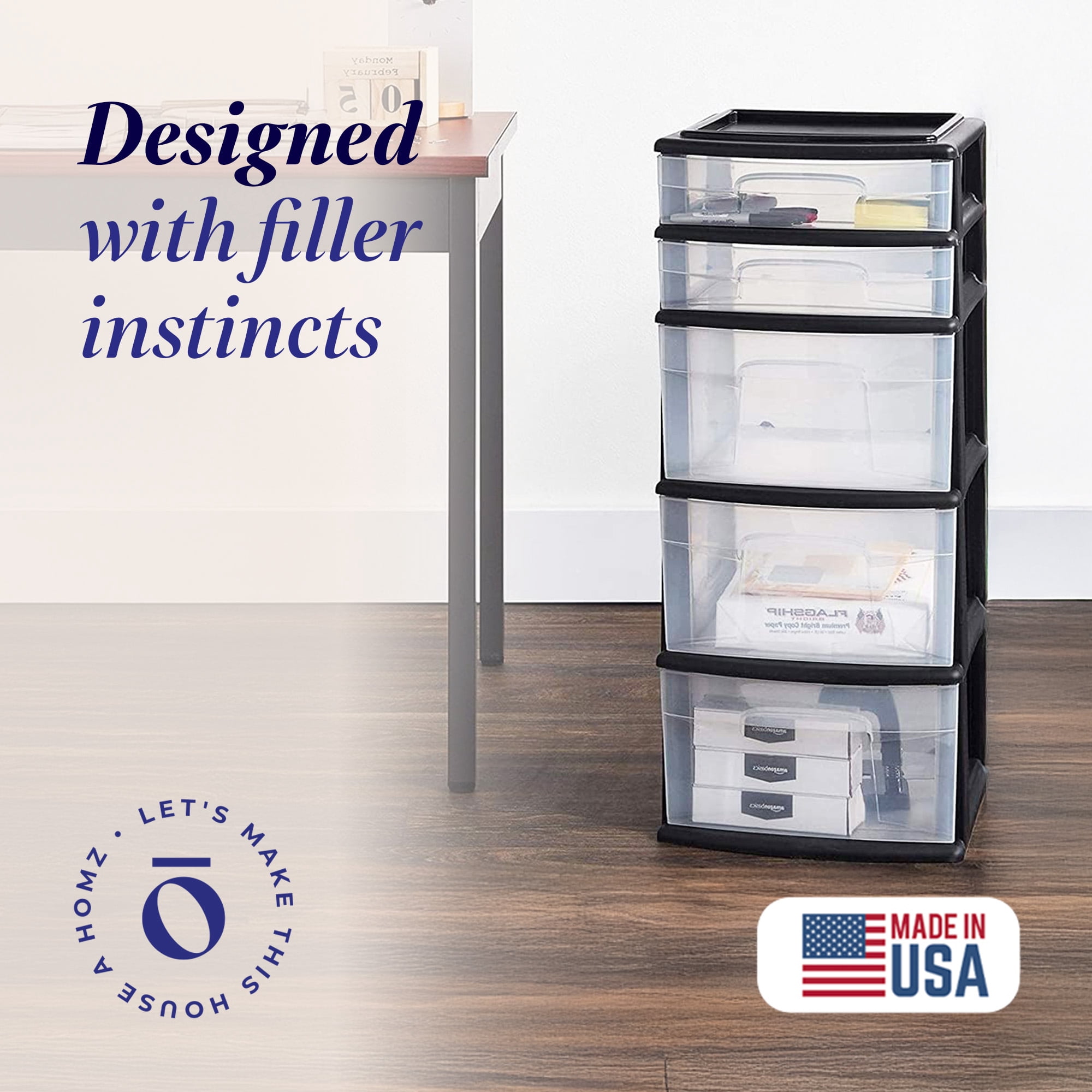 Homz Plastic 5 Drawer Home Storage Container TowerCloset Organizer, Black