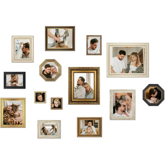 14 Piece Assorted Vintage Gallery Wall Frame Set - Different Size Antique Picture Frame Collage for Wall - Ornate Gold and Rustic Wooden Frames for Art