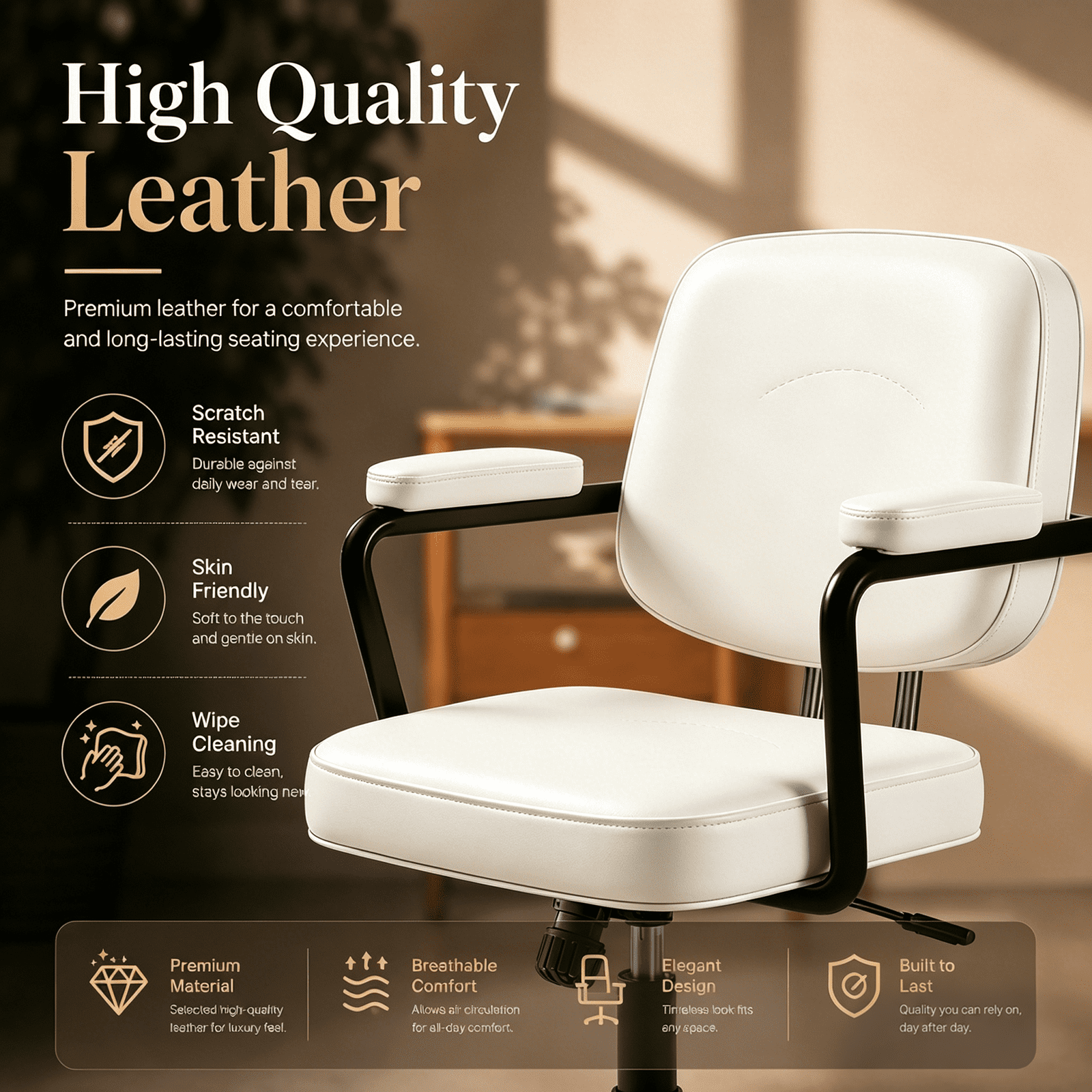 Ergonomic Office Chair, PU Leather Executive Desk Chair with Fixed Armrests, Adjustable Height, Rocking Function, 360° Swivel Rolling Wheels Beige
