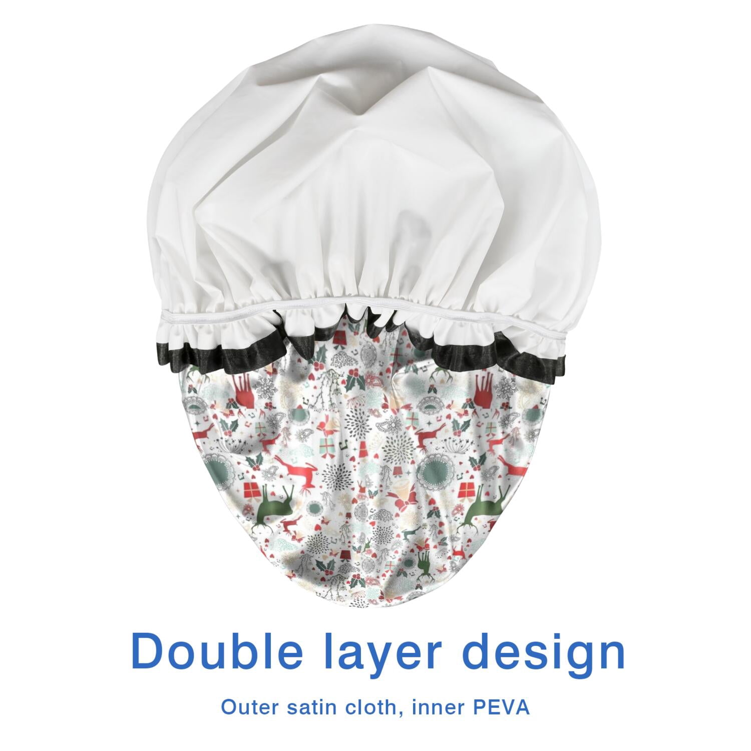 Shower Caps,White Christmas Deer and Gift Pattern Waterproof Shower Cap for Women 4 Pieces,Double Reusable Hair Cover for Shower PEVA Elastic Stretch Hem