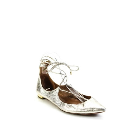 

Pre-owned|Aquazzura Womens Lace Up Point Toe Metallic Ballet Flats Silver Size 37 7