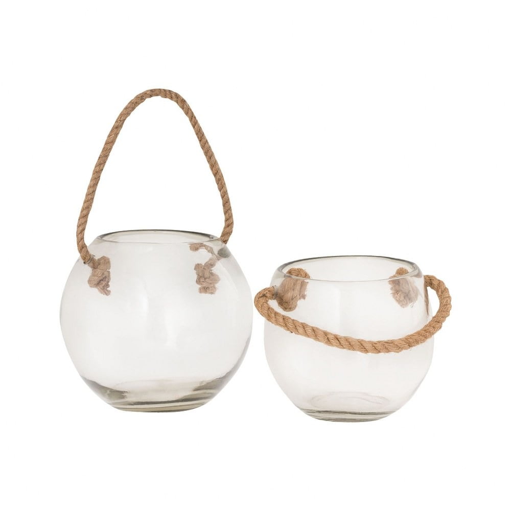Glass Bowl Candle Holder with Rope Handle Set of 2 made of Glass in Clear/Natural Color and