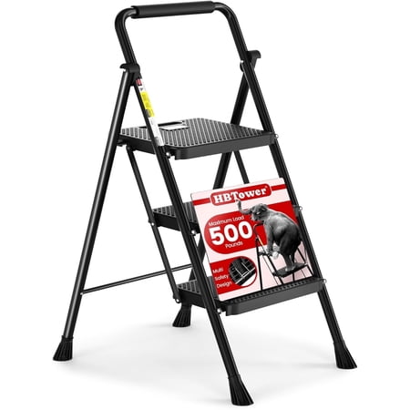 Sweetcrispy 3-Step 36-Inch Heavy Duty Steel Step Ladder, Non-Slip Pedals Handrails Portable for Kitchen Garage Outdoor, Black