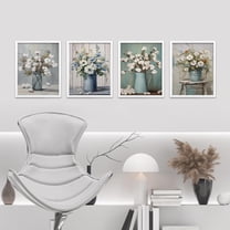 PixonSign Framed Wall Art Wildflowers in Vases Prints, Set of 4 Countryside Farm Wood Panel Paintings, Colorful Wall Décor, Floral Adhesive Canvas Posters for Home Decor - 12"x16" White