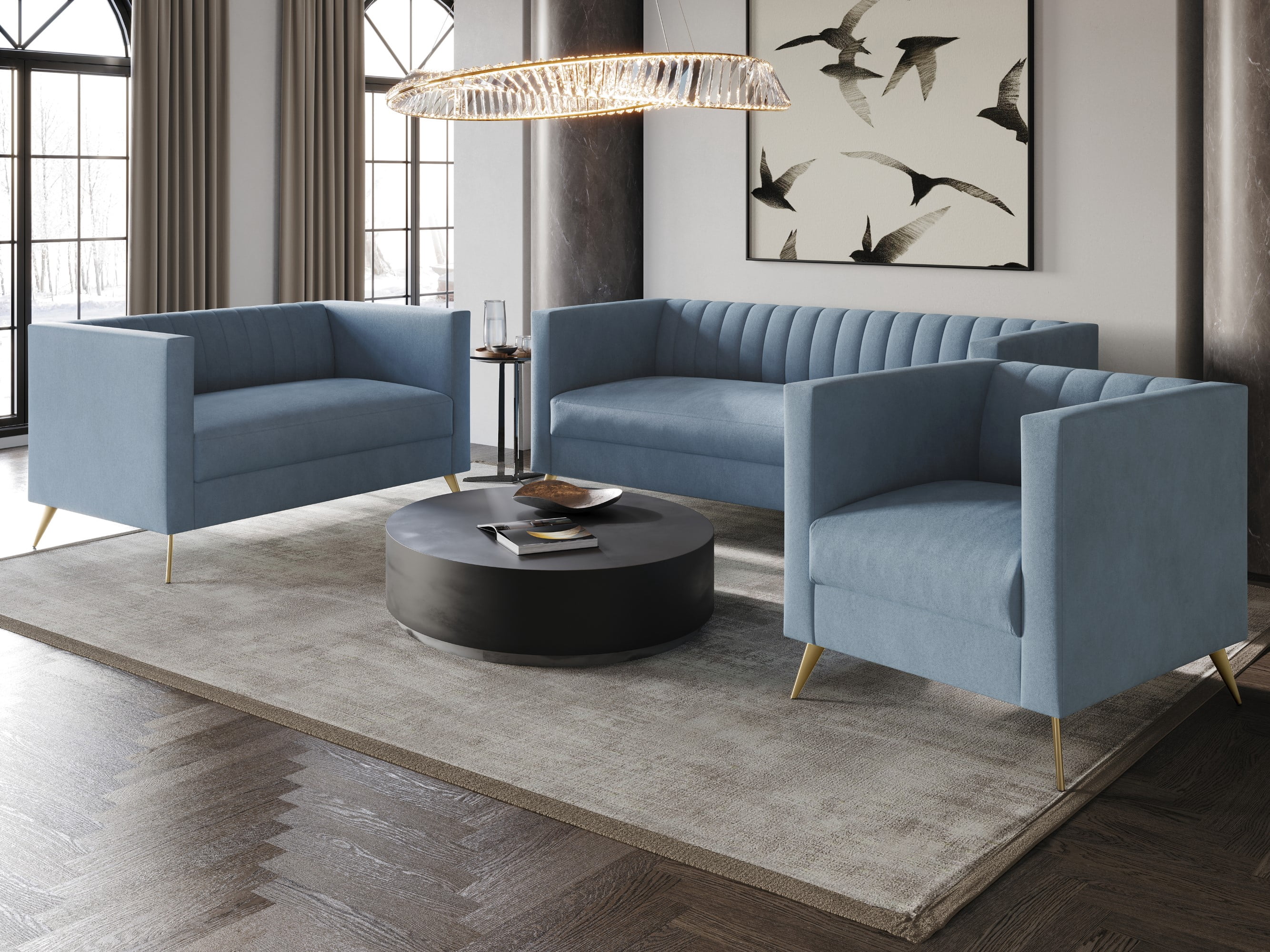 Home Design Weiss Velvet Square Arm Loveseat with Channel-Tufted Back and Gold Metal Legs, Modern Upholstered Living Room Seating, Blue