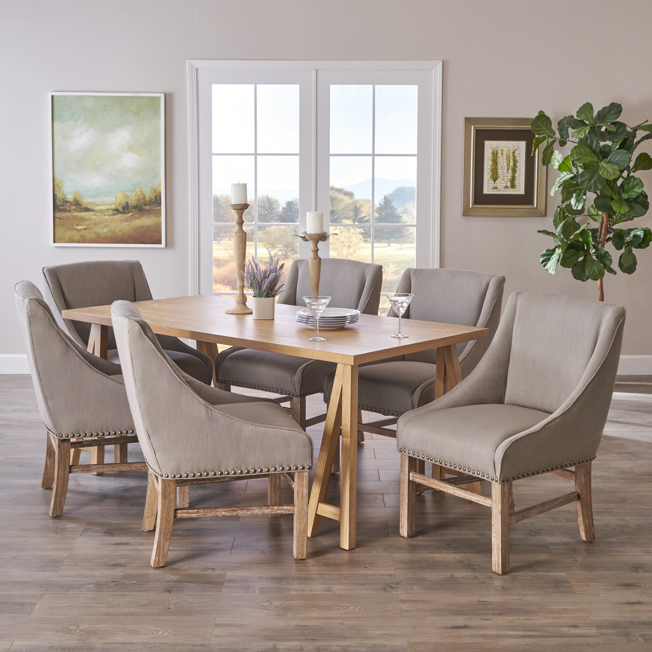 Sarrave Farmhouse Dining Set with Fabric Dining Chairs, Natural Oak and ...