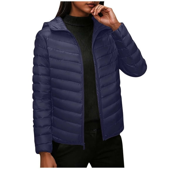 APEXFWDT Women's Plus Size Hooded Puffer Jacket Full Zip Casual Lightweight Winter Coat Long Sleeve Warm Layering Outerwear for Winter Family Trips,XL,Navy
