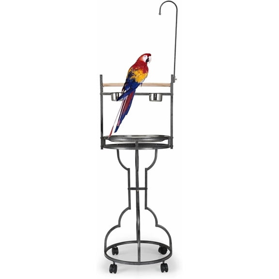 PUPIX Bird Perch Stand Feeding Bowls Waste Tray Toy Hook Casters Bird Playstand For Medium Large Parrots Black