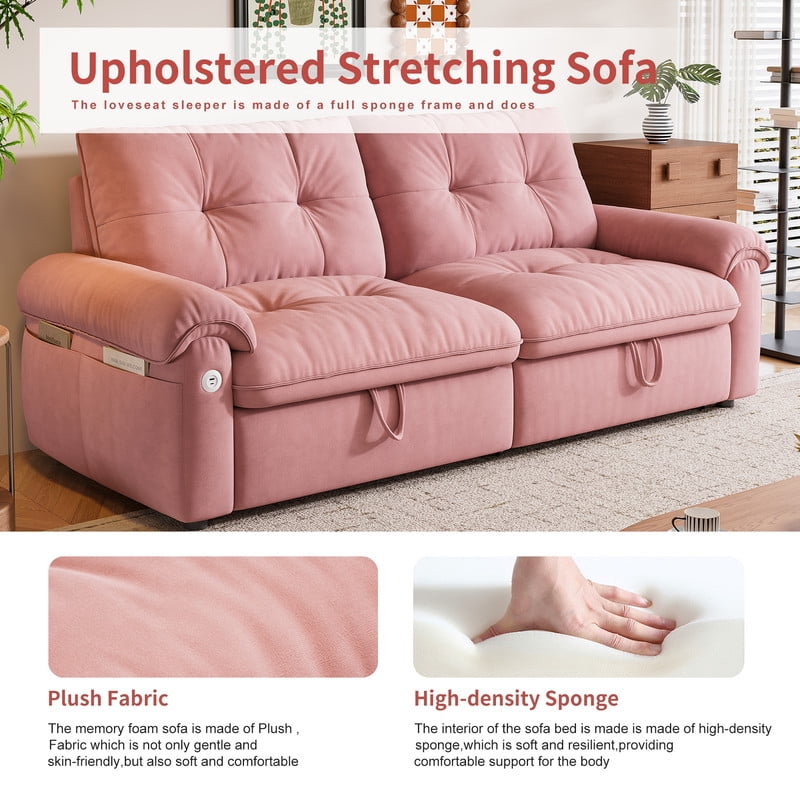 77.2" Convertible Sofa Bed, 2-in-1 Full Size Sleeper Sofa, Plush Upholstered Loveseat with USB Charging Ports & Side Pockets, Steel Frame Pull-Out Couch for Living Room, Bedroom, Apartment