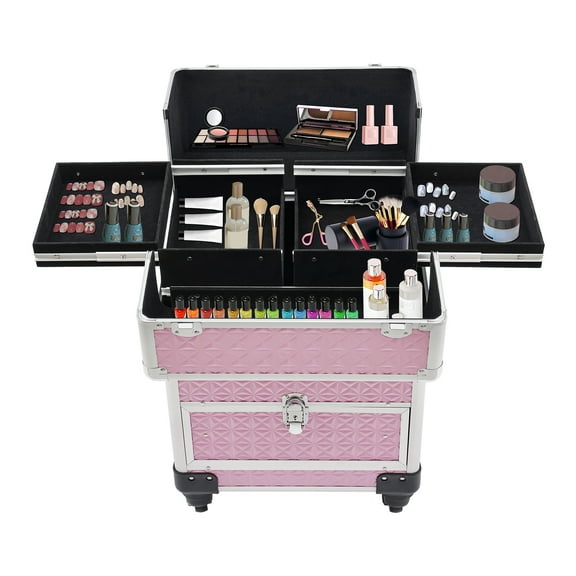 Toolven Makeup Train Case with Wheels – 4-Tier Storage Box, Secure Locks, Large Capacity Cosmetic Organizer, Portable Beauty Case for Makeup Artists and Hair Stylists
