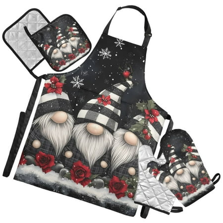 Ryvnso Gnomes Rose Flower Kitchen Apron Oven Mitts Set Pot Holders